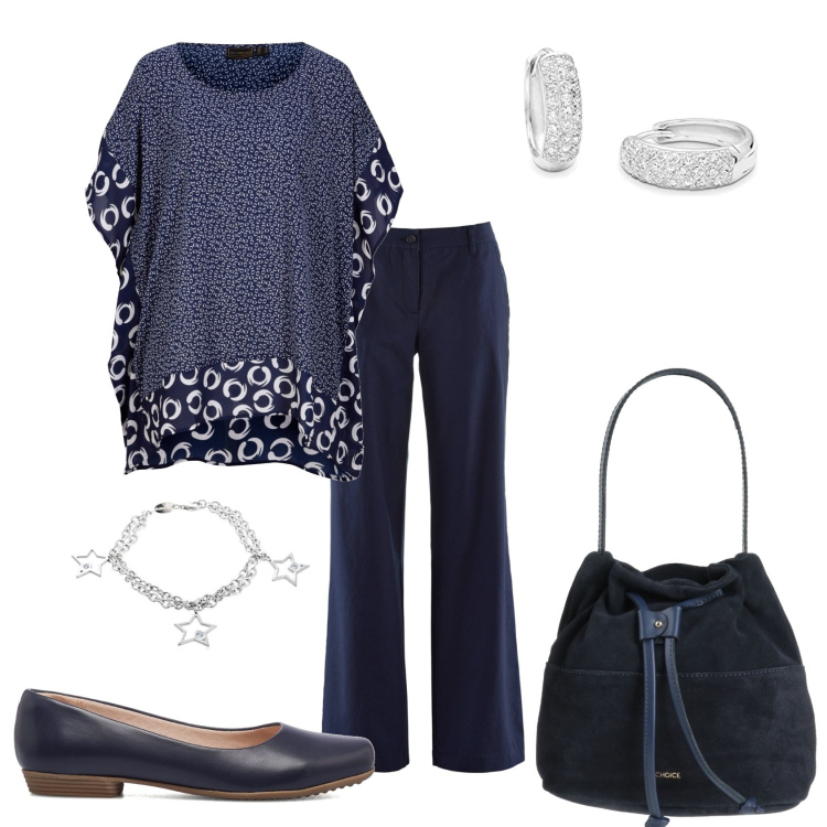 Outfit donna - Elegante per un invito. Stile Chic per Tutti i giorni. Abbinamento con borse a mano, pantaloni, tuniche, ballerine, orecchini, braccialetti.