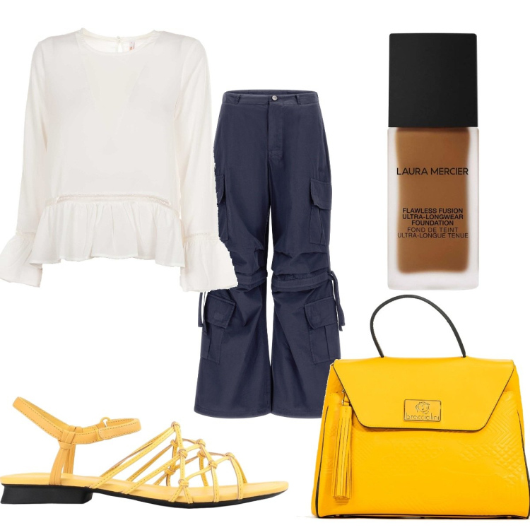 Outfit donna - Total look #1575725. Stile Trendy per Tutti i giorni. Abbinamento con sandali in pelle, bluse, borse a tracolla, pantaloni cargo, fondotinta.