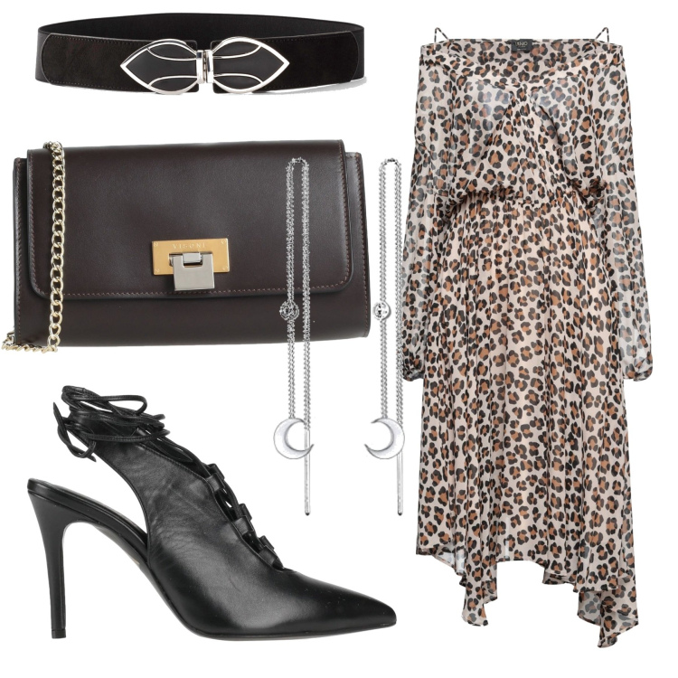 Outfit donna - Stregata dalla luna. Stile Basic per Serata fuori. Abbinamento con cinture, vestiti midi/longuette, décolleté, borse a tracolla, orecchini.