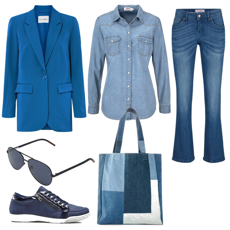 Outfit donna - Sfumature di blu. Stile Casual per Tutti i giorni. Abbinamento con camicie, jeans bootcut, blazer, shopping bag, sneakers alte, occhiali da sole.
