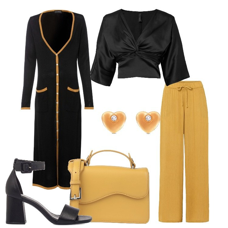 Outfit donna - Nero e giallo scuro. Stile Casual chic per Serata fuori. Abbinamento con pantaloni, cardigans, bluse, borse a mano, orecchini, sandali in pelle.