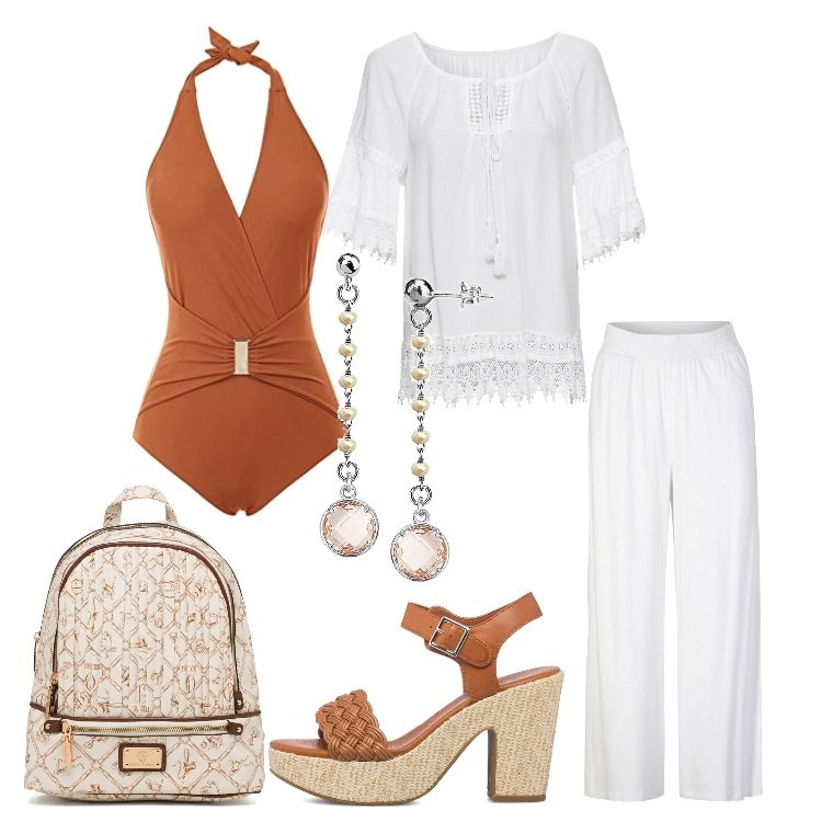 Outfit donna - Primo weekend al mare. Stile Romantica per Mare. Abbinamento con pantaloni, tuniche, orecchini, sandali in pelle, zaini, costumi interi.