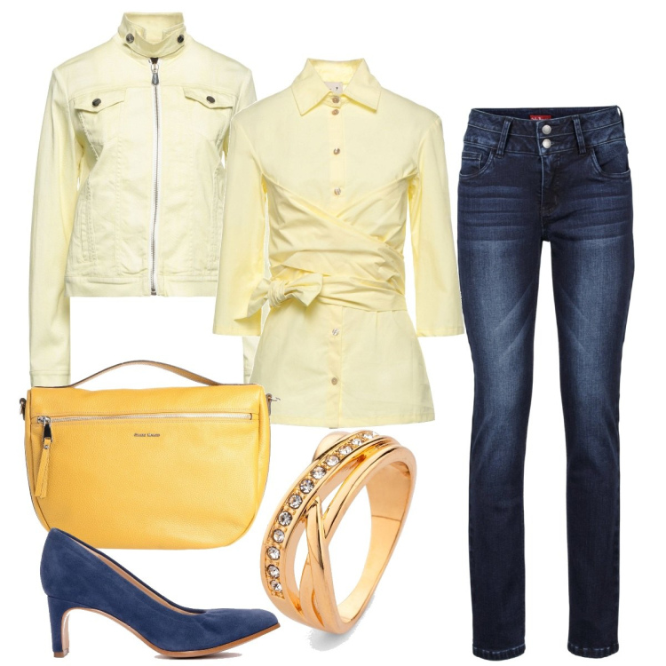 Outfit donna - Aperitivo con le amiche. Stile Casual chic per Serata fuori. Abbinamento con jeans, anelli, camicie, giacche, borse a mano, décolleté.