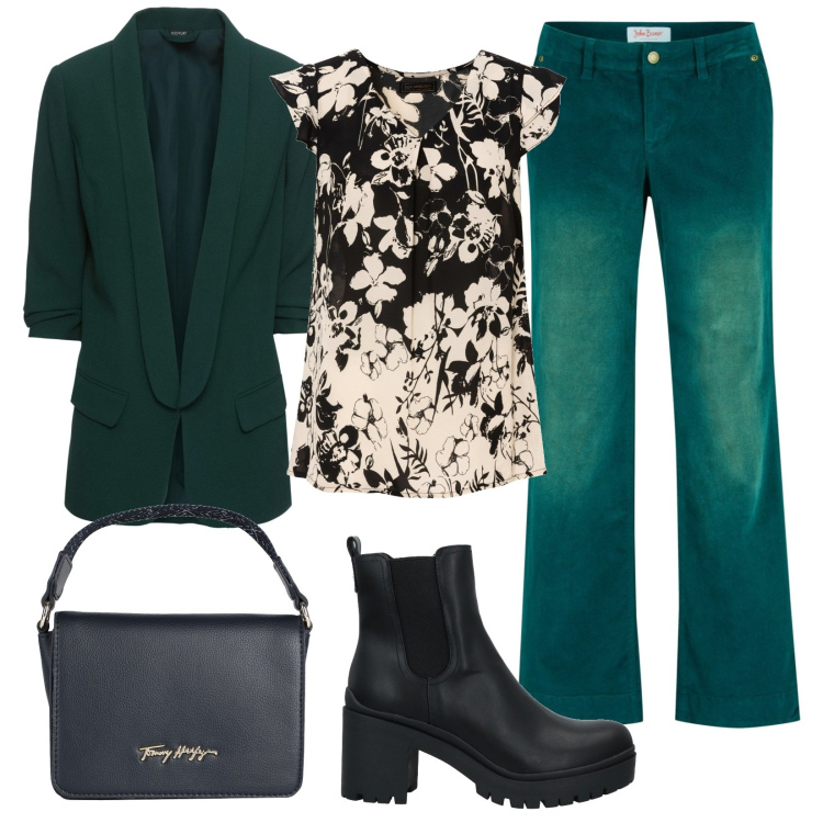 Outfit donna - Aperitivo con le amiche. Stile Trendy per Serata fuori. Abbinamento con pantaloni, blazer, camicie, stivaletti, borse a mano.