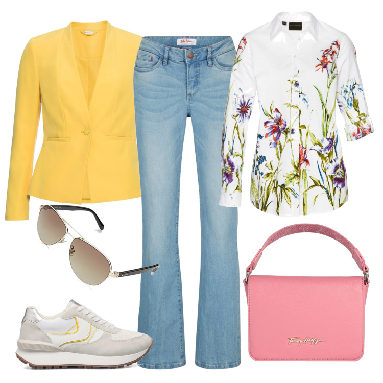 Outfit donna - Giallo e rosa per la primavera. Stile Casual per Tutti i giorni. Abbinamento con blazer, jeans bootcut, camicie, borse a mano, sneakers, occhiali da sole.