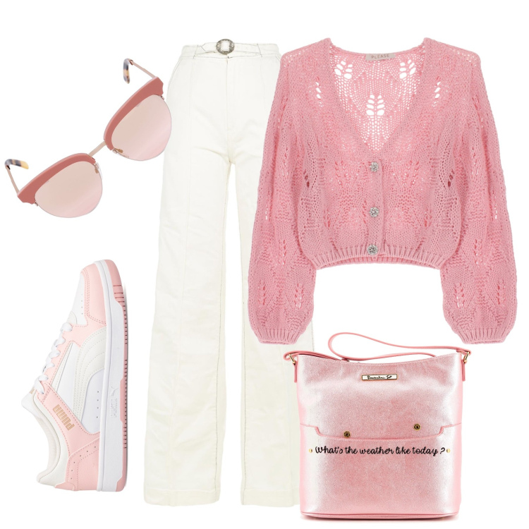 Outfit donna - Pink Lady. Stile Casual chic per Tutti i giorni. Abbinamento con cardigans, pantaloni, borse a tracolla, sneakers, occhiali da sole.