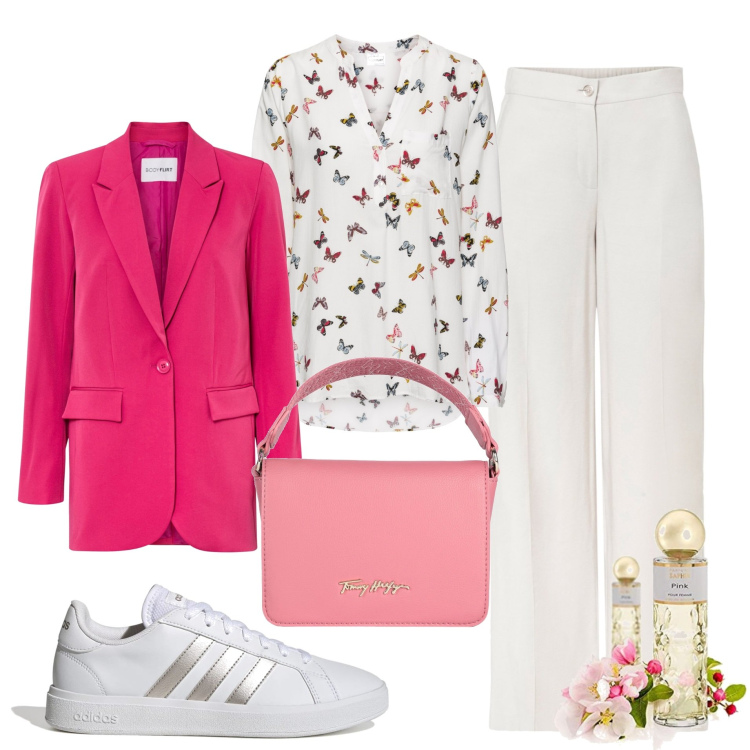 Outfit donna - Sfumature di rosa. Stile Casual per Tutti i giorni. Abbinamento con bluse, pantaloni a palazzo, blazer, borse a mano, sneakers, profumi.