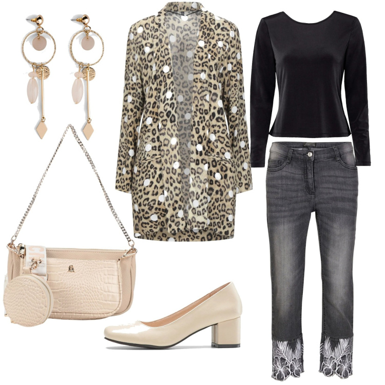 Outfit donna - Speciale con le amiche. Stile Casual chic per Tutti i giorni. Abbinamento con maglieria, orecchini, jeans, décolleté, blazer, borse a mano.