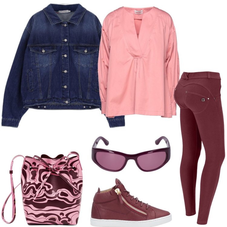 Outfit donna - Tempo libero. Stile Casual per Tutti i giorni. Abbinamento con bluse, sneakers, giacche, pantaloni skinny, borse a secchiello, occhiali da sole.
