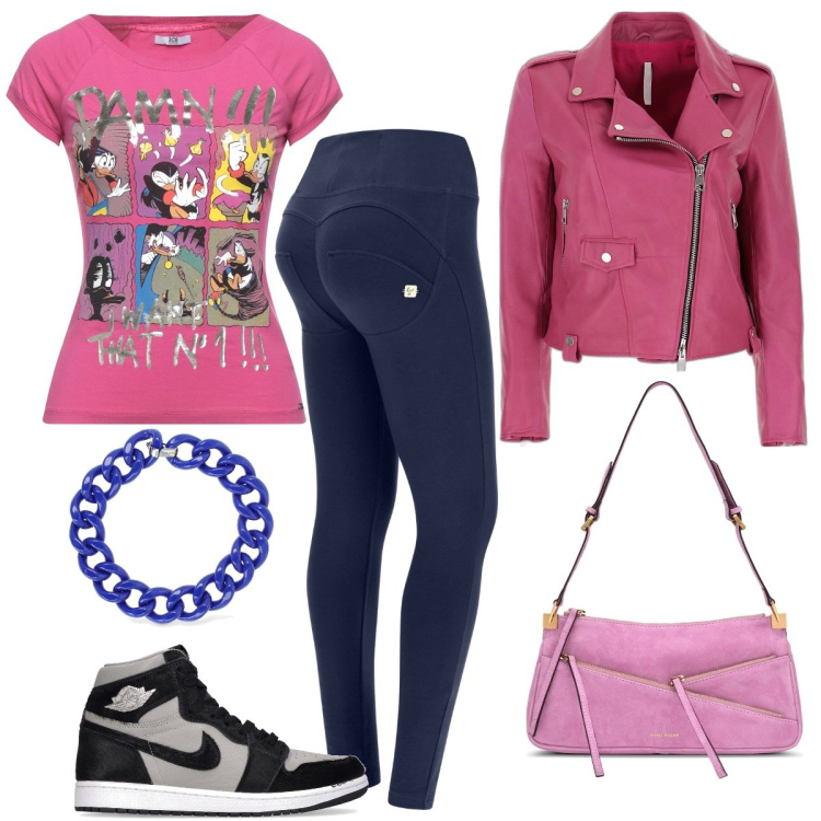 Outfit donna - Sporty chic #1583. Stile Sporty chic per Tutti i giorni. Abbinamento con t-shirt, giacche, pantaloni skinny, sneakers, borse a spalla, collane.