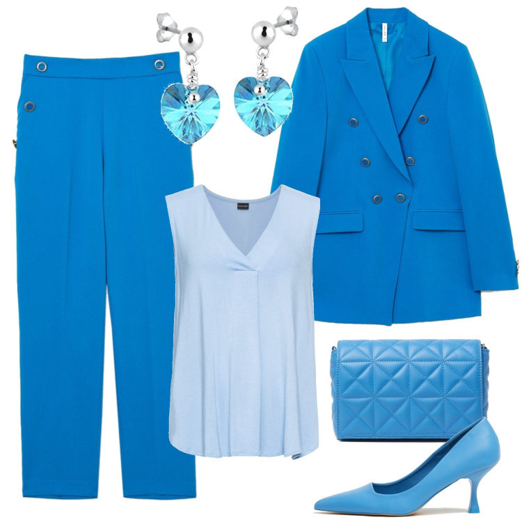 Outfit donna - Un aperitivo in centro. Stile Chic per Serata fuori. Abbinamento con top, pantaloni capri, giacche, décolleté, borse a spalla, orecchini.