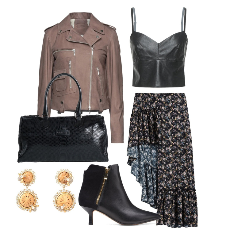 Outfit donna - Un aperitivo speciale con le amiche. Stile Casual chic per Serata fuori. Abbinamento con minigonne, giacche, top, orecchini, borse a mano, stivaletti.