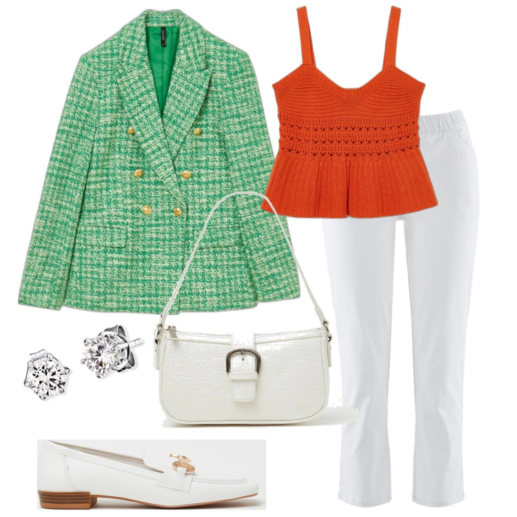 Outfit donna - Mocassini bianchi. Stile Casual chic per Tutti i giorni. Abbinamento con pantaloni, mocassini, giacche, top, borse a spalla, orecchini.