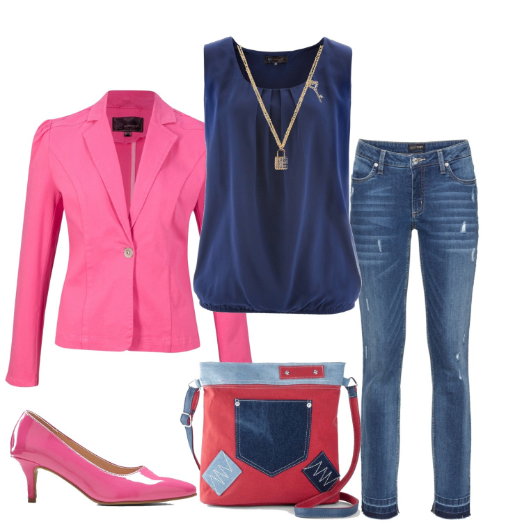 Outfit donna - Aperitivando. Stile Casual chic per Tutti i giorni. Abbinamento con top, jeans skinny, blazer, collane, décolleté, borse a tracolla.