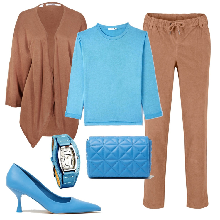 Outfit donna - Una serata fra amiche. Stile Casual chic per Serata fuori. Abbinamento con vestiti chemisier, pantaloni, maglieria, décolleté, borse a spalla, orologi.