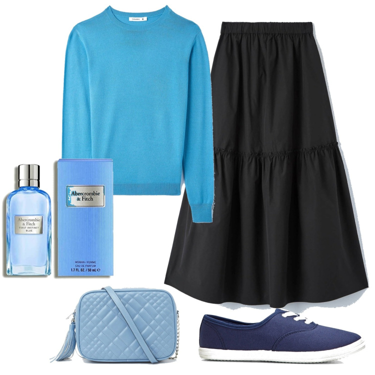 Outfit donna - Total look #1576558. Stile Basic per Tutti i giorni. Abbinamento con sneakers, gonne lunghe, maglieria, borse a tracolla, profumi.
