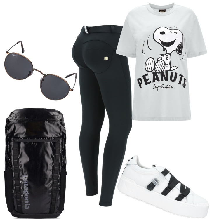Outfit donna - Total look #1576616. Stile Casual per Tutti i giorni. Abbinamento con sneakers, pantaloni skinny, t-shirt, zaini, occhiali da sole.