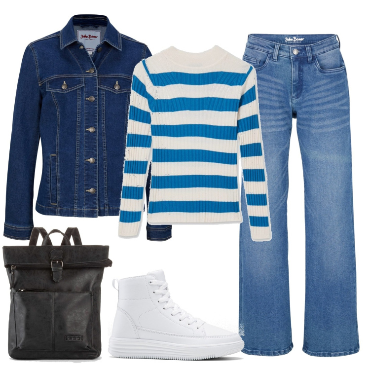Outfit donna - Total look #1576627. Stile Urban per Scuola/Università. Abbinamento con zaini, jeans, blazer, sneakers alte, maglieria.