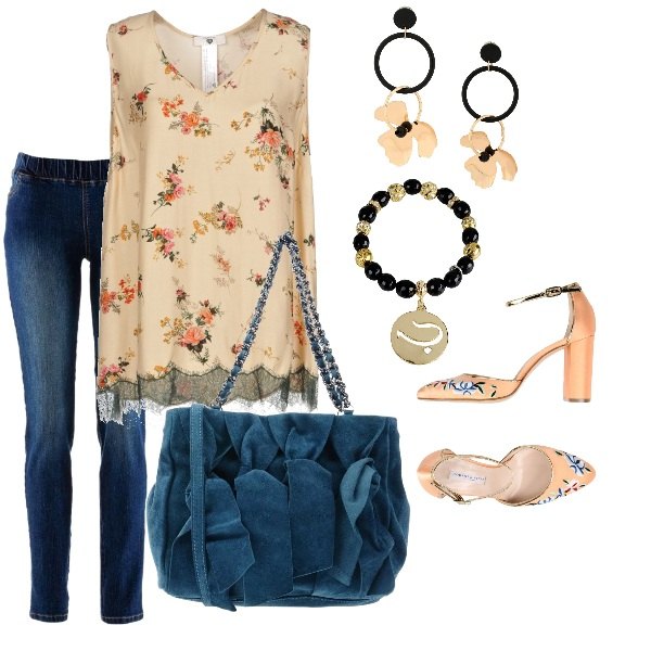 Outfit donna - Basic #14618. Stile Basic per Serata fuori. Abbinamento con treggings, top con pizzo fantasia floreale collo a v senza maniche in raso, borsa a mano effetto scamosciato con zip interno foderato tinta unita, orecchini con farfallina, décolleté fantasia floreale con tacco squadrato e fibbia a punta in raso, bracciale con strass.