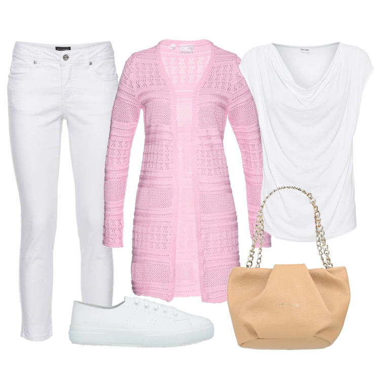 Outfit donna - Cardigan lungo traforato. Stile Casual per Tutti i giorni. Abbinamento con maglieria, cardigans, pantaloni, sneakers, borse a mano.