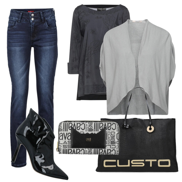 Outfit donna - Aperitivo con le amiche. Stile Casual chic per Tutti i giorni. Abbinamento con jeans, bluse, portafogli, cardigans, borse a spalla, stivaletti.