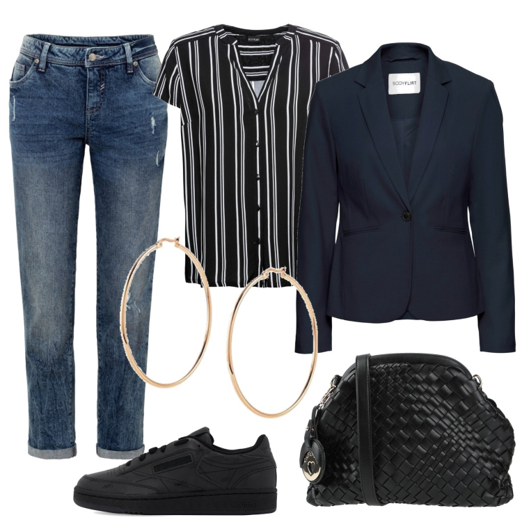 Outfit donna - Passeggiata in centro. Stile Casual per Tutti i giorni. Abbinamento con blazer, jeans boyfriend, camicie a manica corta, borse a tracolla, sneakers, orecchini.