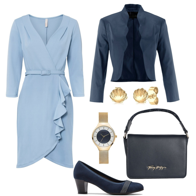 Outfit donna - Promenade in blu. Stile Bon Ton per Serata fuori. Abbinamento con décolleté, vestiti, blazer, borse a mano, orecchini, orologi analogici.