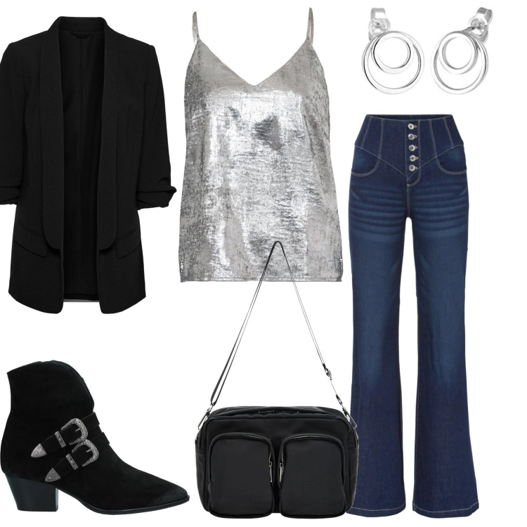 Outfit donna - Serata in discoteca con le amiche. Stile Casual chic per Serata fuori. Abbinamento con blazer, top, jeans a zampa, stivaletti, borse a tracolla, orecchini.