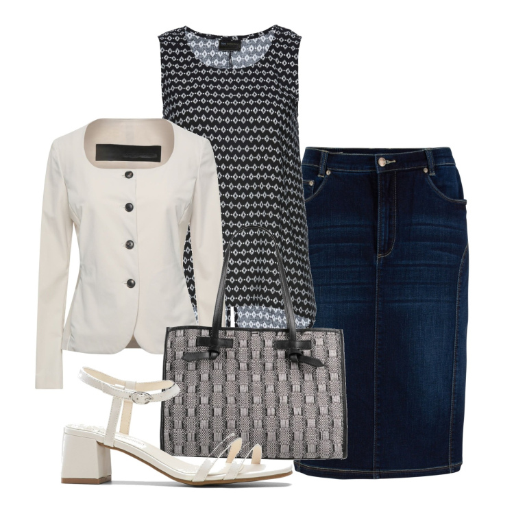 Outfit donna - Bianco nero e jeans. Stile Casual chic per Tutti i giorni. Abbinamento con gonne, top, sandali col tacco, borse a mano, blazer.