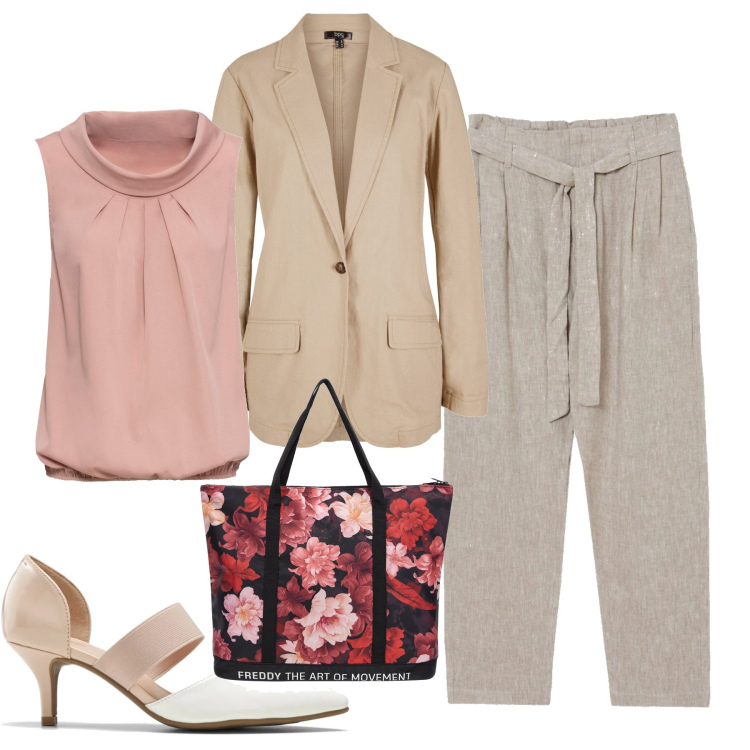 Outfit donna - Sofisticata. Stile Chic per Tutti i giorni. Abbinamento con top, blazer, décolleté, pantaloni capri, borse tote.