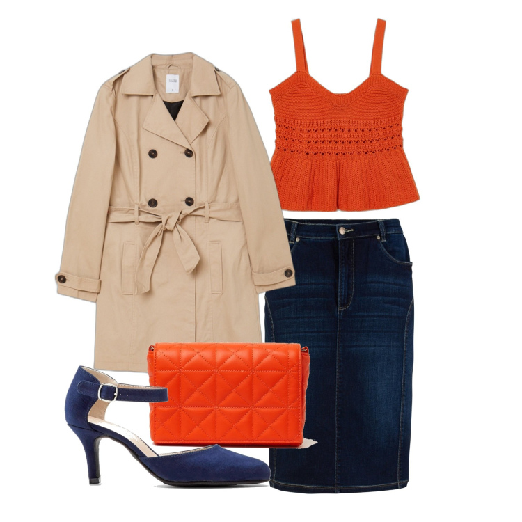 Outfit donna - Arancio col trench. Stile Casual chic per Tutti i giorni. Abbinamento con décolleté, gonne, trench, top, borse a spalla.
