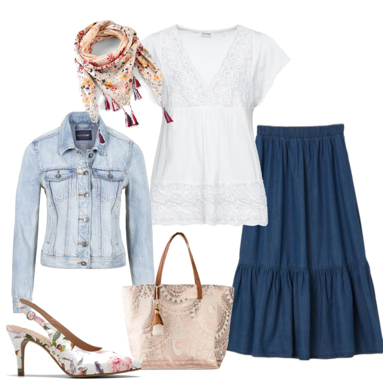 Outfit donna - Women not for a day only #26. Stile Casual chic per Tutti i giorni. Abbinamento con maglieria, giacche sportive, foulard, décolleté, shopping bag, gonne lunghe.