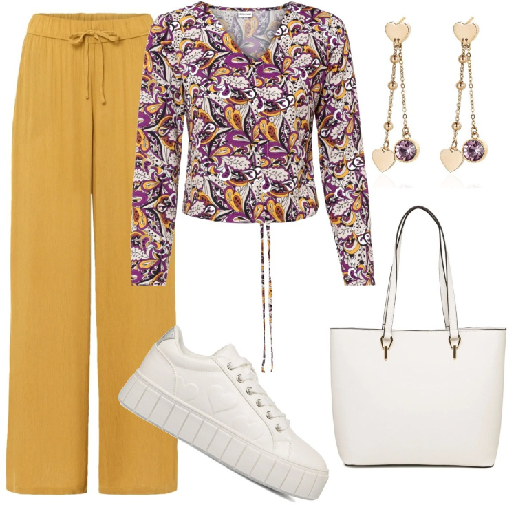 Outfit donna - Uno stile tutto mio. Stile Casual per Tutti i giorni. Abbinamento con pantaloni, bluse, orecchini, sneakers, borse a spalla.