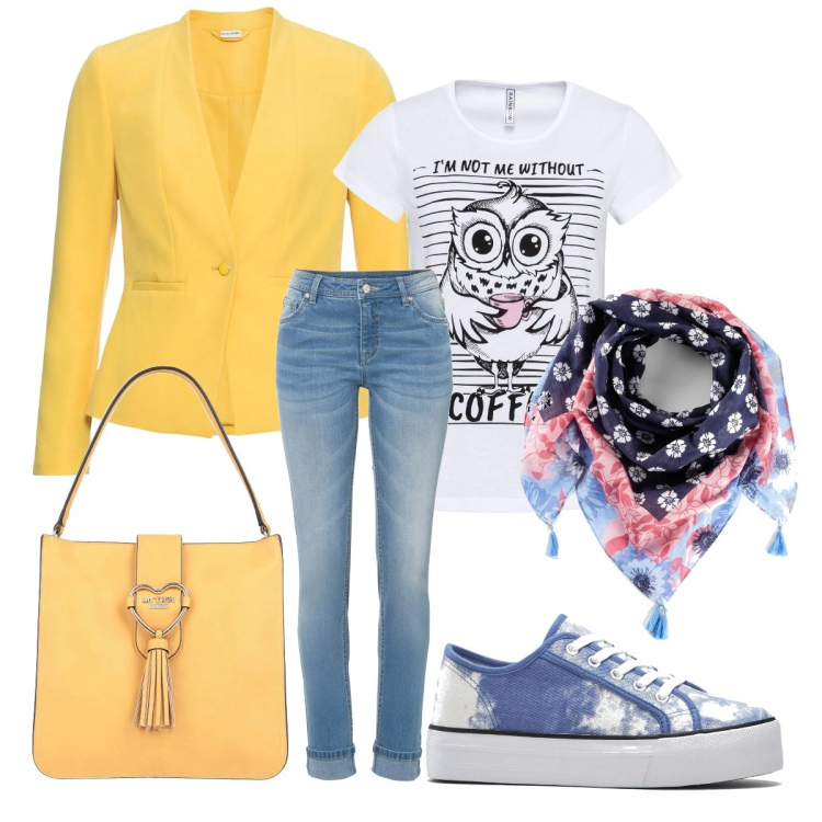 Outfit donna - Curvy Easy chic in giallo. Stile Chic per Tutti i giorni. Abbinamento con borse a mano, blazer, t-shirt sportive, jeans, sneakers, foulard.