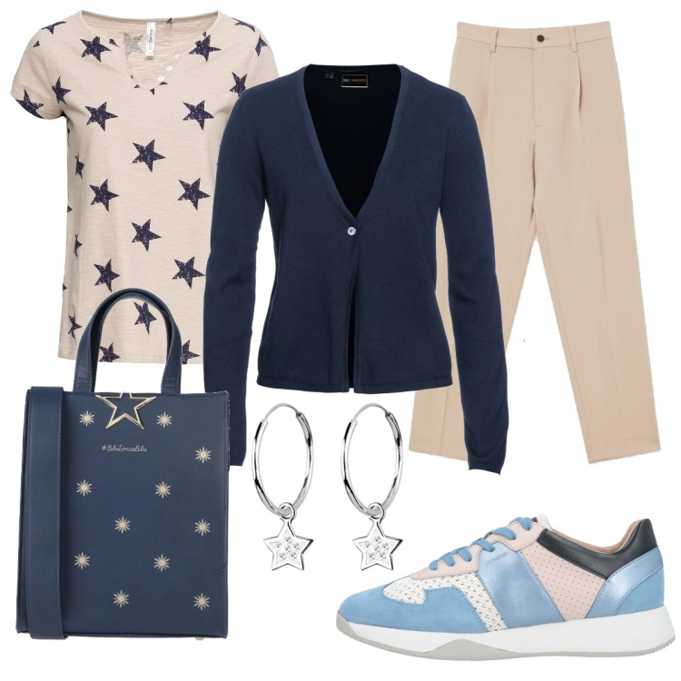 Outfit donna - È nata una stella. Stile Casual chic per Tutti i giorni. Abbinamento con cardigans, maglieria, sneakers, borse a mano, pantaloni, orecchini.