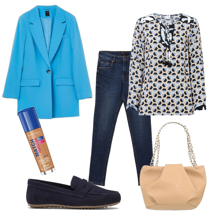 Outfit donna - Casual chic #8023. Stile Casual chic per Tutti i giorni. Abbinamento con mocassini, bluse, borse a mano, jeans skinny, giacche, fondotinta.