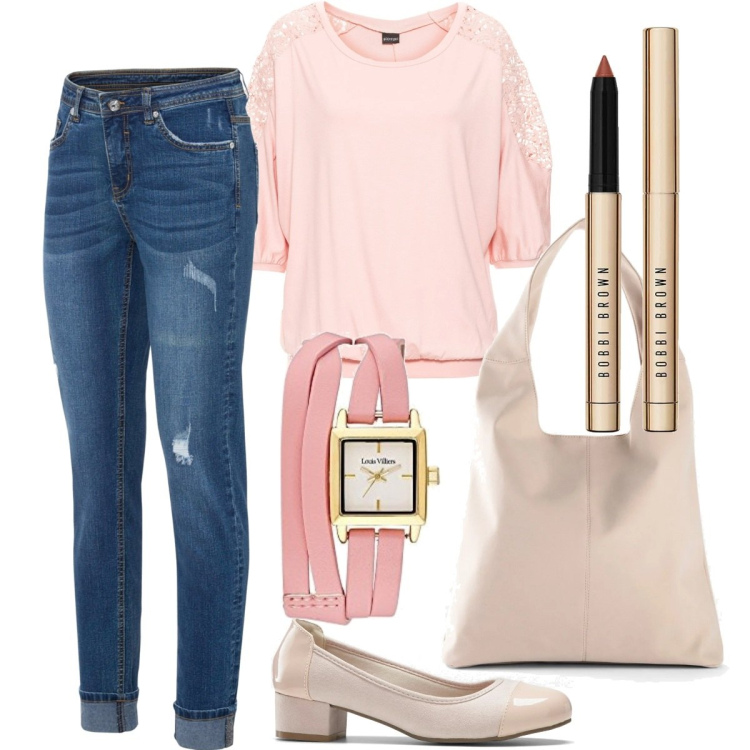 Outfit donna - Basic #5086. Stile Basic per Tutti i giorni. Abbinamento con maglieria, jeans, décolleté, shopping bag, orologi analogici, rossetti.