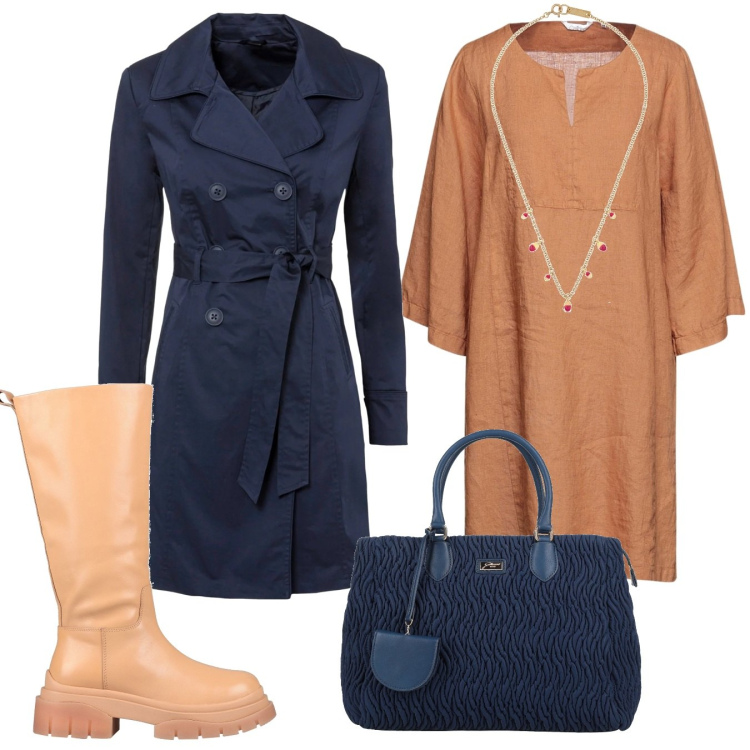 Outfit donna - Amiche a pranzo fuori. Stile Casual chic per Tutti i giorni. Abbinamento con trench, stivali, vestiti corti, borse a mano, collane.