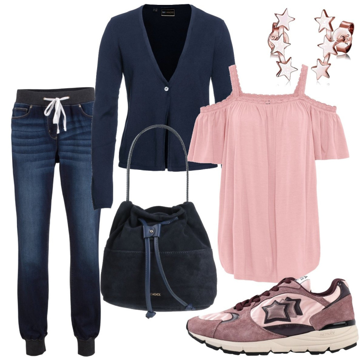 Outfit donna - La t-shirt con le spalle scoperte. Stile Casual chic per Tutti i giorni. Abbinamento con jeans boyfriend, maglieria, cardigans, sneakers, borse a mano, orecchini.