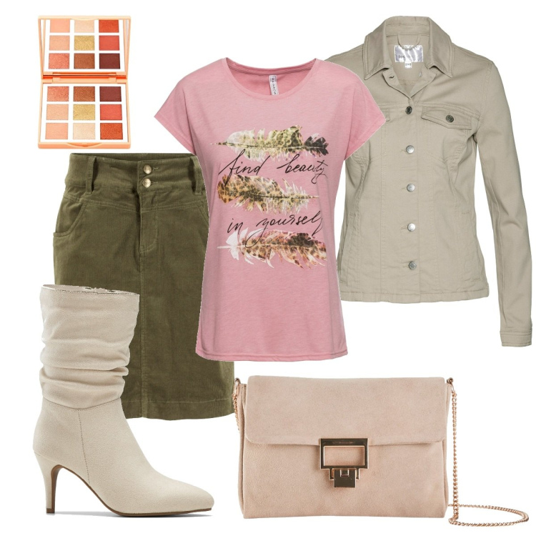 Outfit donna - Curvy in rosa. Stile Chic per Tutti i giorni. Abbinamento con t-shirt, blazer, gonne lunghe, stivali, pochette, ombretti.