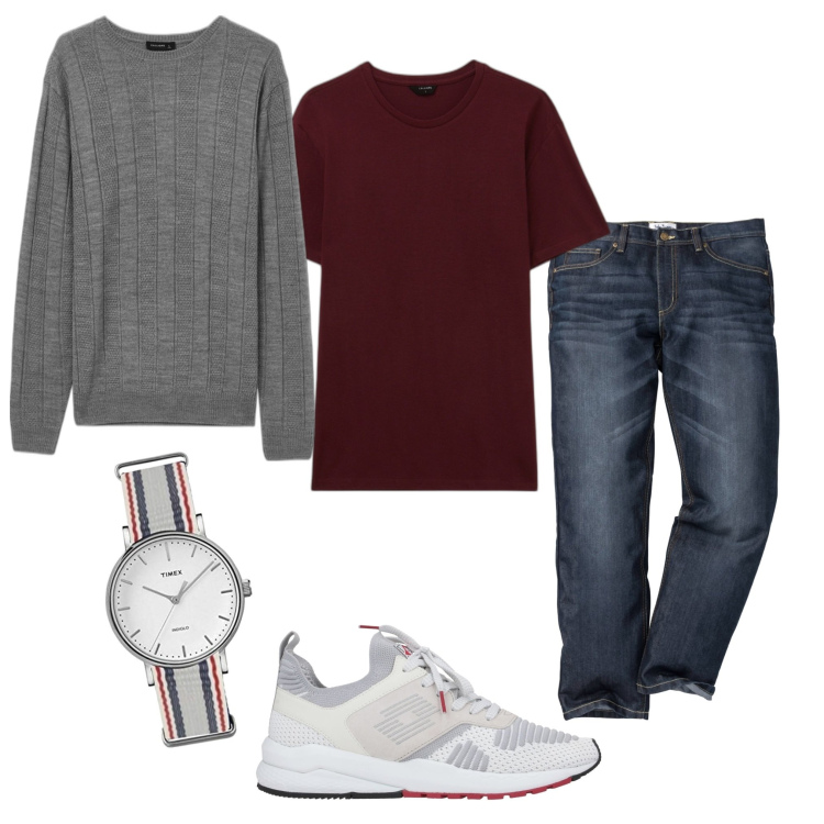 Outfit uomo - Basic. Stile Casual per Tutti i giorni. Abbinamento con jeans dritti, sneakers, pullovers, t-shirt, orologi.