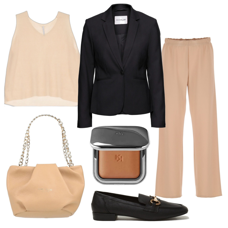 Outfit donna - Bon Ton #2607. Stile Bon Ton per Ufficio. Abbinamento con blazer, borse a mano, pantaloni a palazzo, canottiere, mocassini, ciprie.