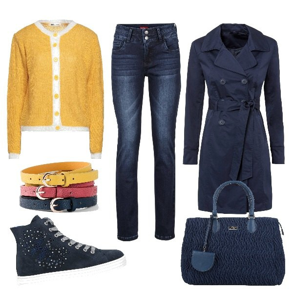 Outfit donna - Total look #1577226. Stile Trendy per Tutti i giorni. Abbinamento con trench, jeans, cinture, sneakers alte, borse a mano, cardigans.
