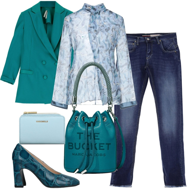 Outfit donna - Casual chic #8073. Stile Casual chic per Ufficio. Abbinamento con décolleté, bluse, giacche, jeans dritti, portafogli, borse a secchiello.