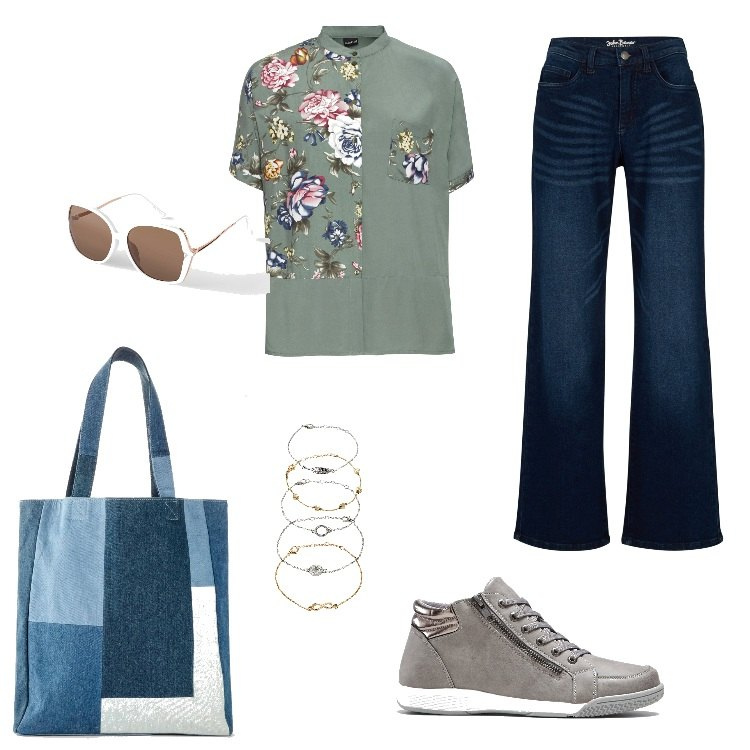 Outfit donna - Chill & Blue. Stile Casual per Tutti i giorni. Abbinamento con sneakers alte, braccialetti con ciondoli, jeans, camicie, shopping bag, occhiali da sole.
