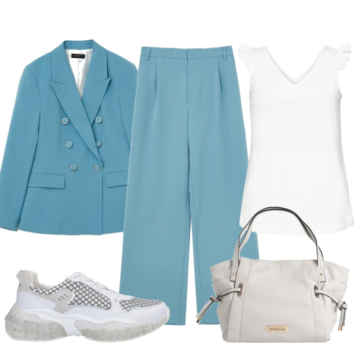 Outfit donna - Sneakers e tailleur. Stile Casual chic per Ufficio. Abbinamento con top, borse a mano, sneakers, pantaloni, blazer.