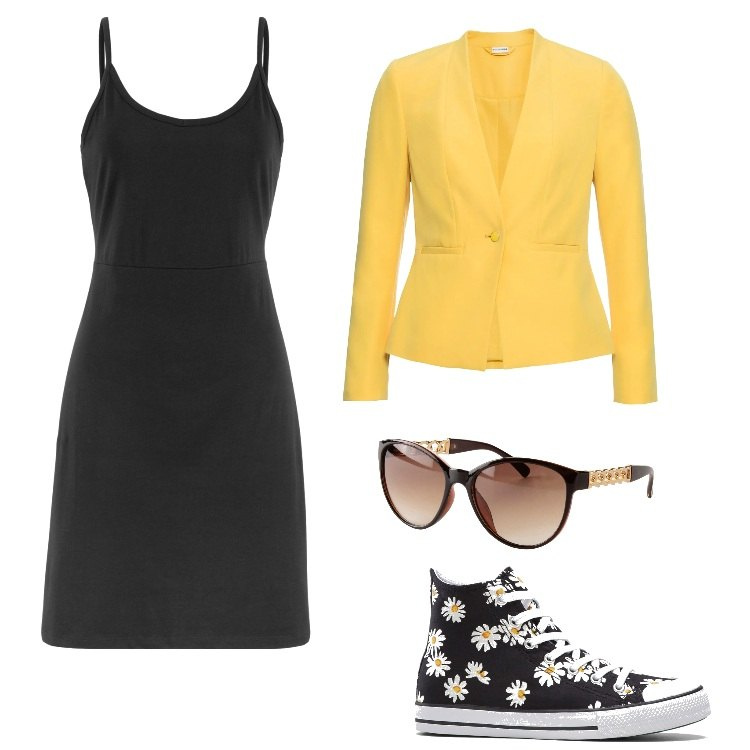 Outfit donna - Using money to drink. Stile Minimal per Serata fuori. Abbinamento con vestiti, blazer, sneakers alte, occhiali da sole.