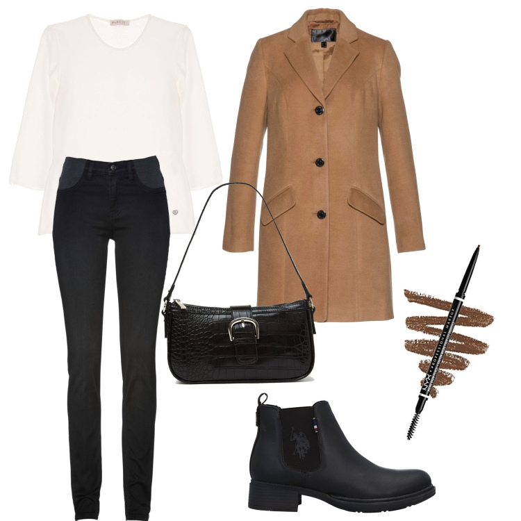 Outfit donna - A cena. Stile Casual per Serata fuori. Abbinamento con jeans skinny, cappotti, stivaletti, maglieria, borse a spalla, matite sopracciglia.