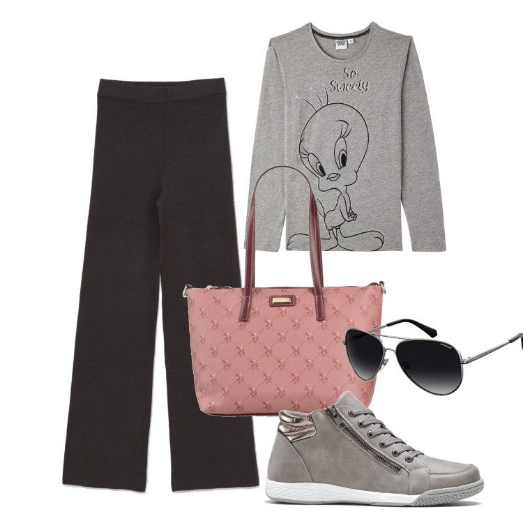 Outfit donna - Grey basic. Stile Basic per Tutti i giorni. Abbinamento con sneakers alte, borse a mano, pigiama, pantaloni, occhiali da sole.