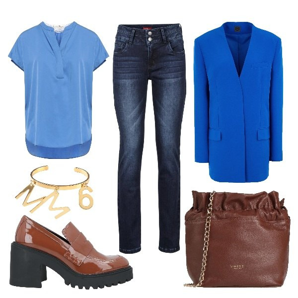 Outfit donna - Total look #1577345. Stile Trendy per Serata fuori. Abbinamento con jeans, bluse, mocassini, blazer, borse a tracolla, braccialetti.